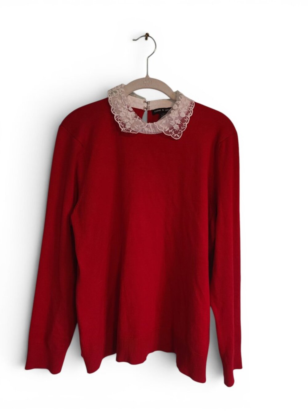 Cable & Gauge Red Lace Collar Long Sleeve Blouse Top Coquette Light Academia Twe